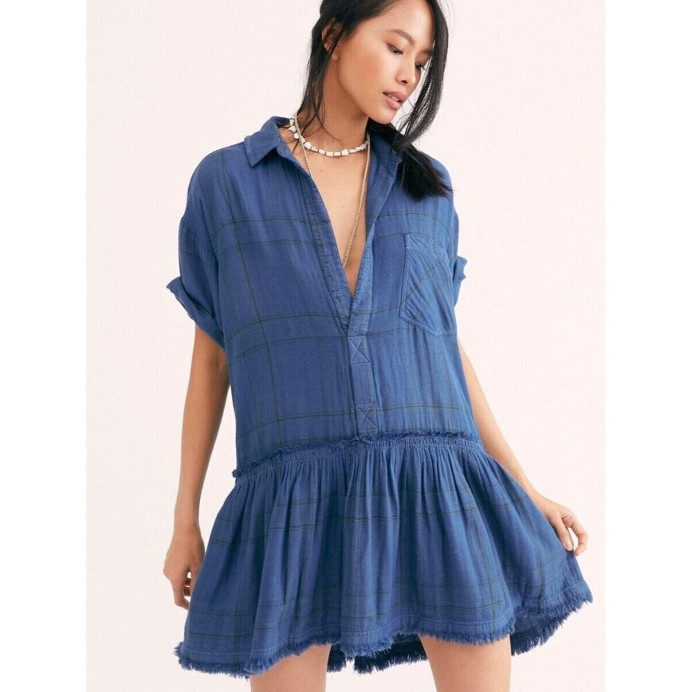 Free People Love Buzz Blue Plaid Ruffle Drop Waist Tunic Mini Dress Size Medium